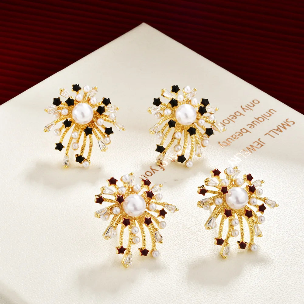 Gold Electroplated Zircon Stud Earrings Engraved Fireworks Imitation Pearl Ear Studs Fashion Exquisite Earring Jewelry for Women