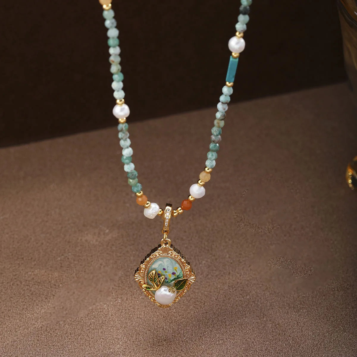 Women Elegant Freshwater Pearl Zircon African Turquoise Jasper Drip Glaze Hand-Painted Necklace Low MOQ Jewelry for Daily Causal