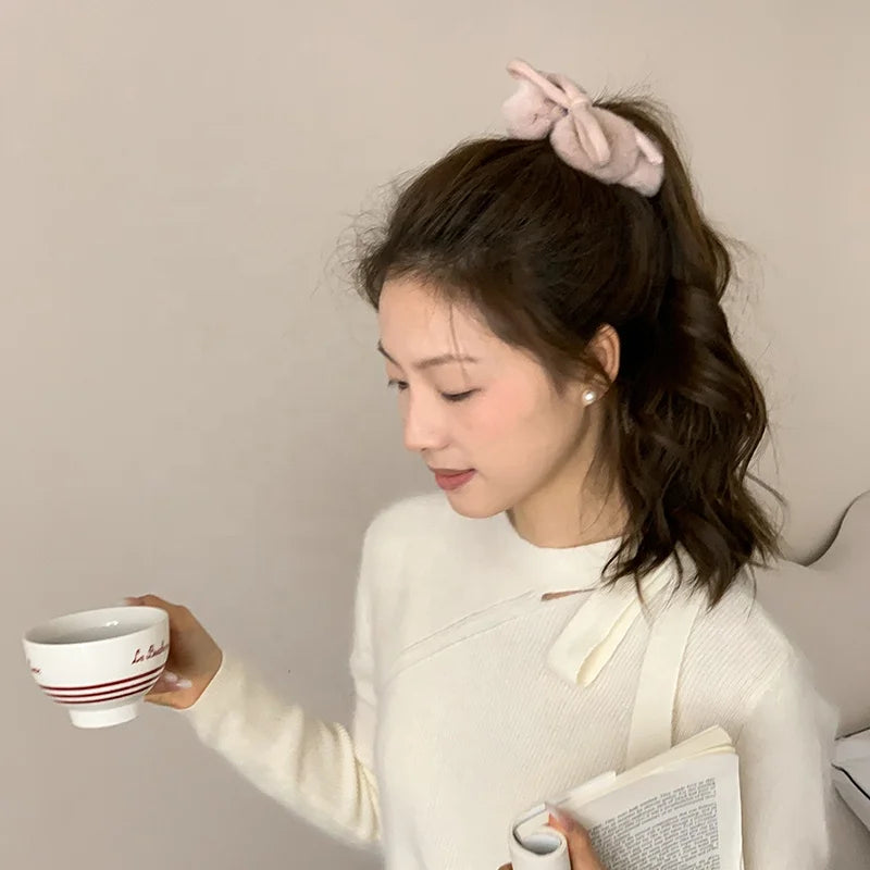 Women Plush Elastic Hair Ties Soft Fur Bow Hairband for Girl High-end Quality Korean Sweet Style Hair Ring Wholesale Accessories
