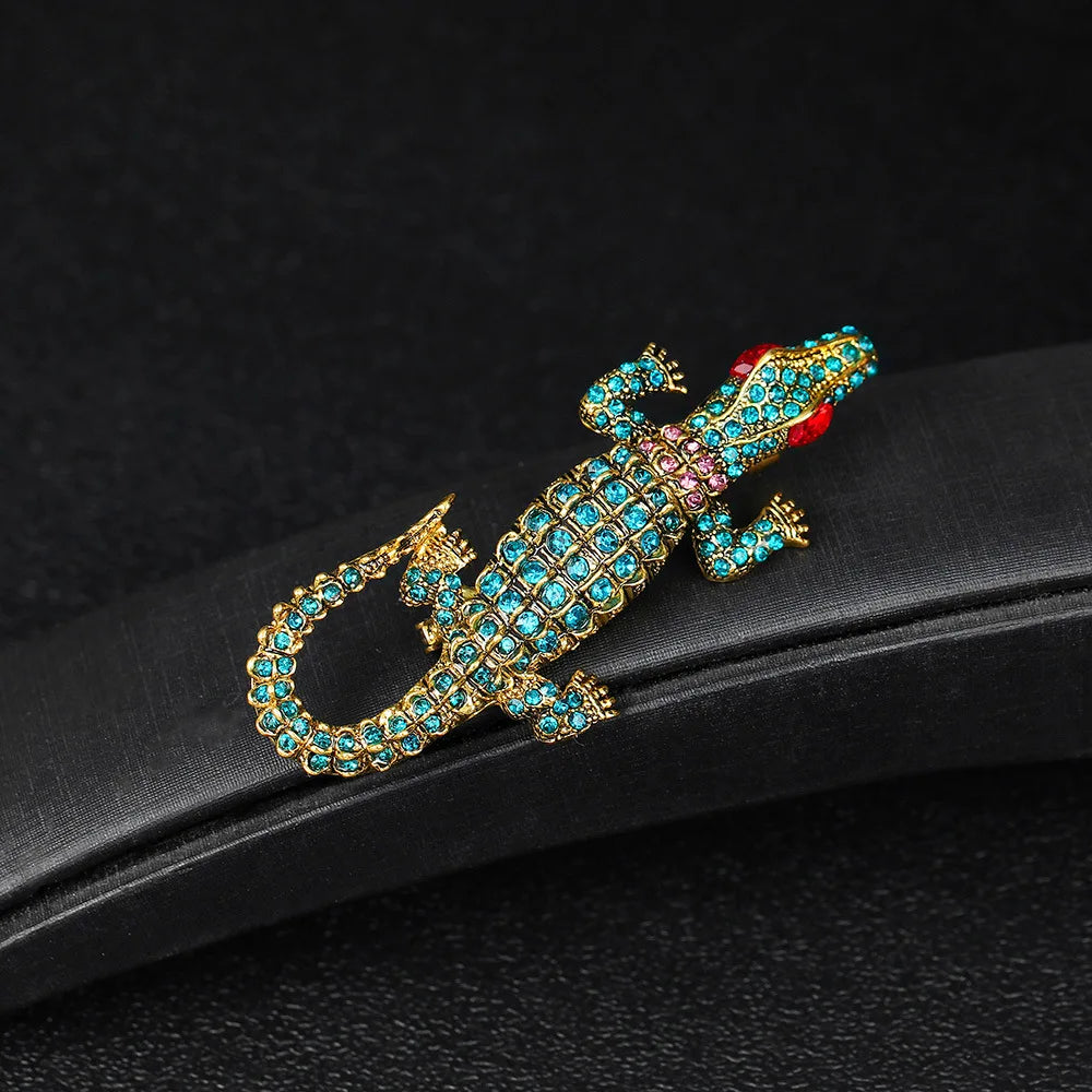 Fashion Glitter Rhinestone Animals Crocodile Brooches for Girls Trendy Glamorous Stylish Pin Jewelry for Women Lady Accessories