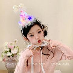 Children's White Fabric Birthday Hat Bowknot Ball Alligator Clips Luminous Hairpins Fashionable Accessories for Kids' Prom Use