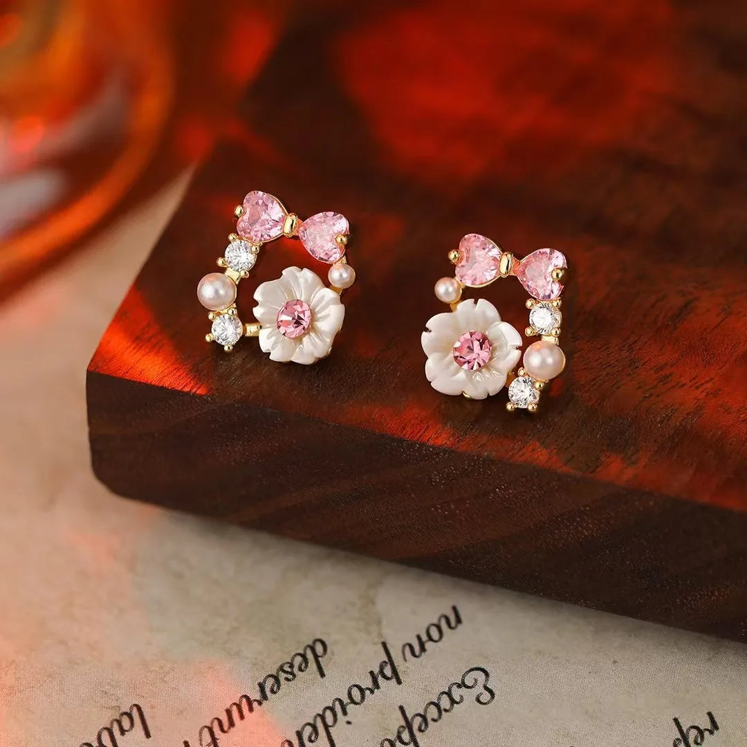Women Small Flower Shape Rhinestone Pink Yellow Stud Earring Fashion Trendy Glitter Wholesale Bulk Order Jewelry Accessories