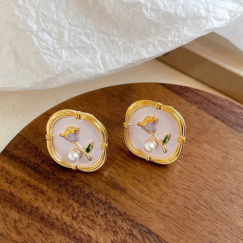Fashion S925 Silver Freshwater Pearl Stud Earrings for Girls Sweet Flower Drip Glaze 18K Gold Jewelry for Women Ladies Wholesale