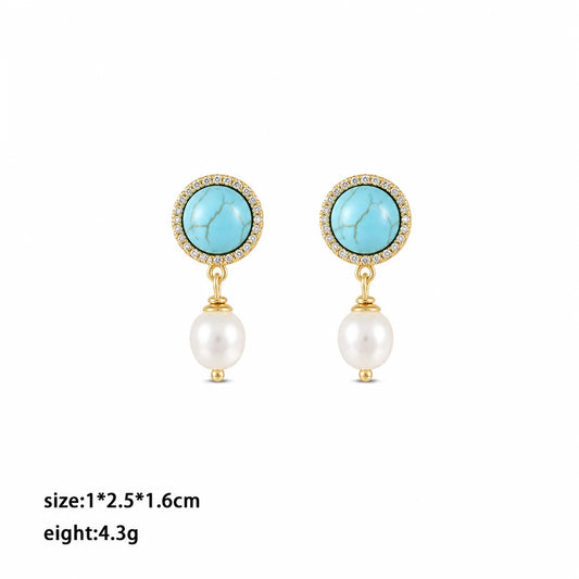 Ladies Blue Blue Turquoise Freshwater Pearl Copper Earring French Style Elegant Vintage Low MOQ in Stock Jewelry for Women Daily