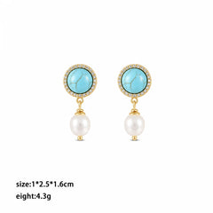 Ladies Blue Blue Turquoise Freshwater Pearl Copper Earring French Style Elegant Vintage Low MOQ in Stock Jewelry for Women Daily