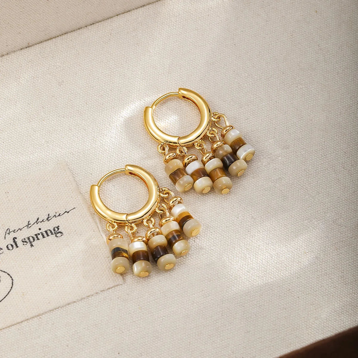 Fashion Tiger Eye Stone Shell Copper 18K Gold Hoop Earrings for Girls Vintage Luxury Jewelry for Women Ladies Wholesale Bulk