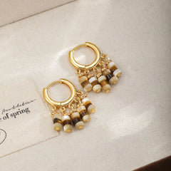 Fashion Tiger Eye Stone Shell Copper 18K Gold Hoop Earrings for Girls Vintage Luxury Jewelry for Women Ladies Wholesale Bulk