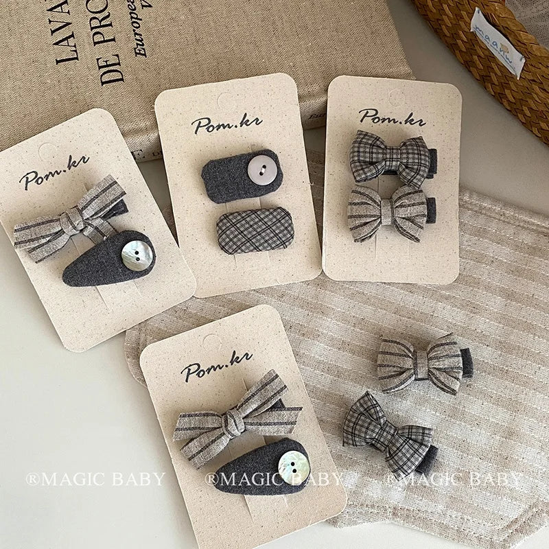 Fashion Bowknot Plaid Stripe Button Hair Clips for Baby Girls Cute Trendy Snap Clips for Kids Children Hair Accessories in Stock