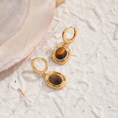 Female Brown Tiger Eye Stone 18k Gold-plated Hoop Earring Fashion Elegant Vintage in Stock Factory Price Jewelry for Women Daily