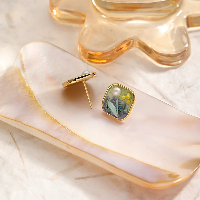 Fashion Dried Flowers Freshwater Pearl Copper 18K Gold Stud Earrings for Girls Sweet Jewelry for Women Ladies Wholesale Bulk