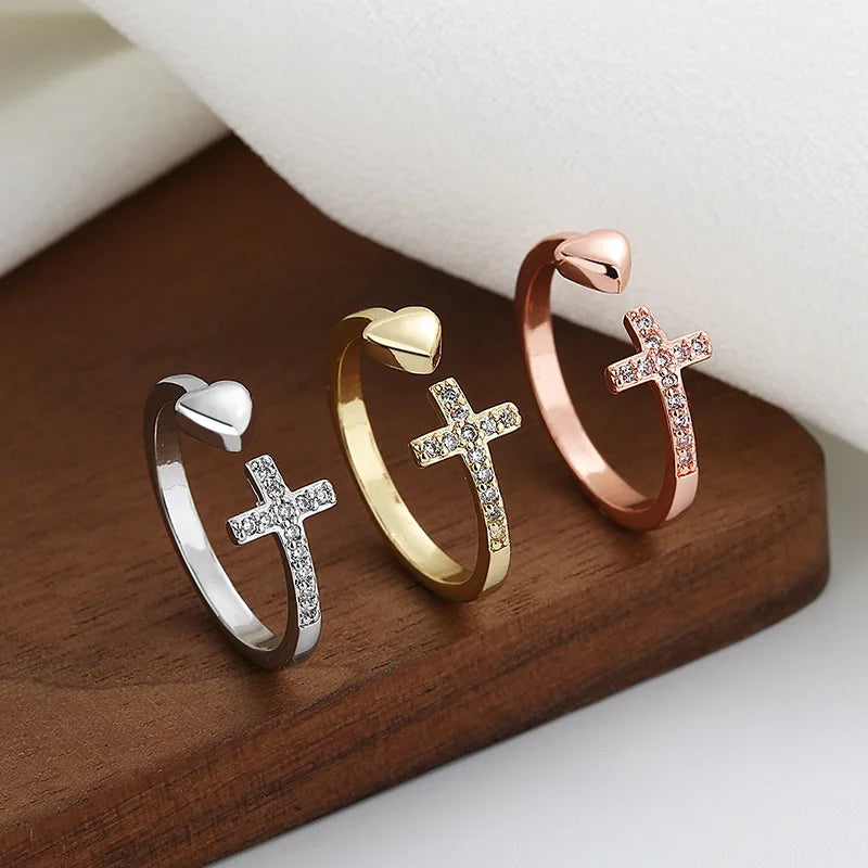 Zircon-encrusted Cross Heart-shaped Opening Rings for Women Couple Simple Rings Unisex in Stock Jewelry Accessories Wholesale