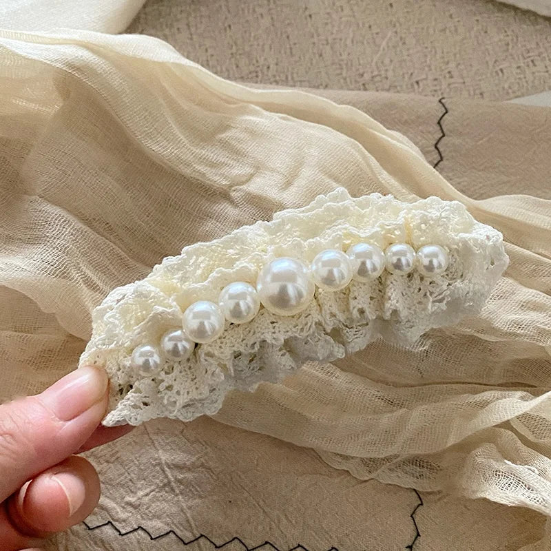 Gentle Banana Clips White Lace Hair Clips for Women Girls with Imitation Pearl French Elegant High-end Hair Accessory Wholesale