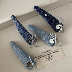 Fashion Cute Snap Clips Blue Fabric Bow Glitter Hair Clips for Women Sweet Design Casual  Hairpin Hair Accessories Wholesale