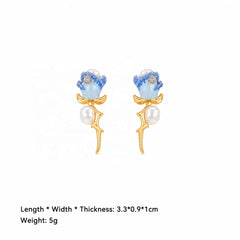 Female Charms Rose Flower Blue Pink Freshwater Pearl S925 Silver 18k Gold-plated Earring Low MOQ in Stock Jewelry for Women