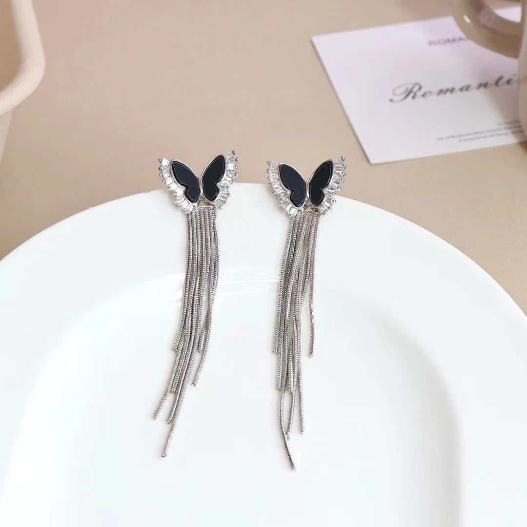 Fashion Luxury Trendy Tassel Elegant Drop Earrings for Girls Butterfly Glitter Dainty Jewelry for Women Ladies Accessories