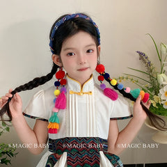 Girly Aesthetic Colorful Bobbles Ribbon Wide Headbands Elegant Sweet Stock Hairbands Accessories for Kids and Children