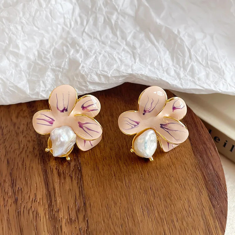 Ladies Green Pink Yellow Gold Flower Shape Stud Earring Sweet Elegant Fashion Factory Price in Stock Jewelry for Women Daily Use
