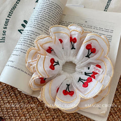 Female Three Layer Cherry Print Large Ponytail Holder Scrunchies Elegant Chic High Elastic Hair Ties Accessories for Women Daily