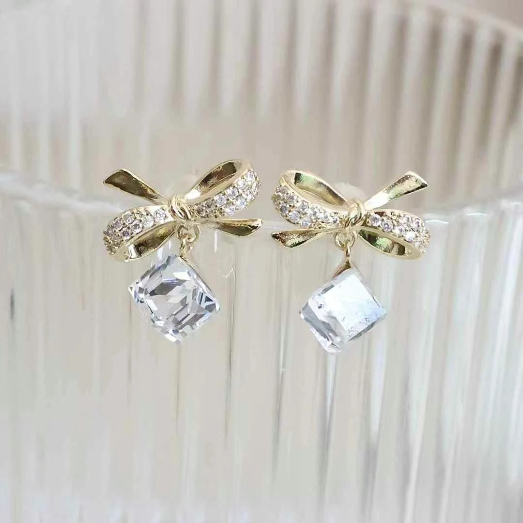 Sweet Fashion Elegant Flowers Floral Bowknot Rhinestone Drop Earrings for Girls Refined Glitter Jewelry for Women Accessories
