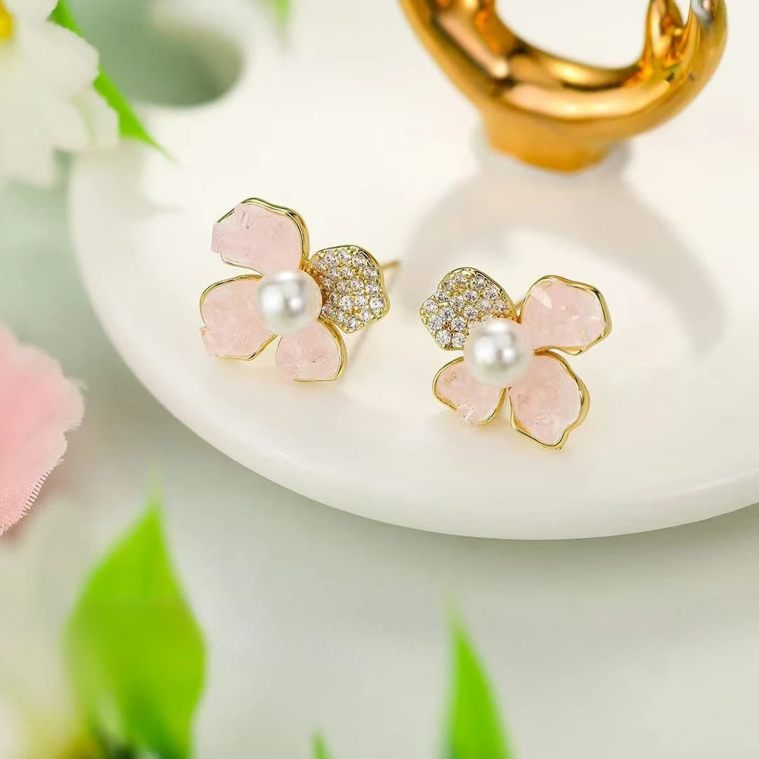 Women Small Rhinestone Imitation Pearl Decorative Flower Shape Small Stud Earring Fashion Trendy Elegant Bulk Jewelry Accessory
