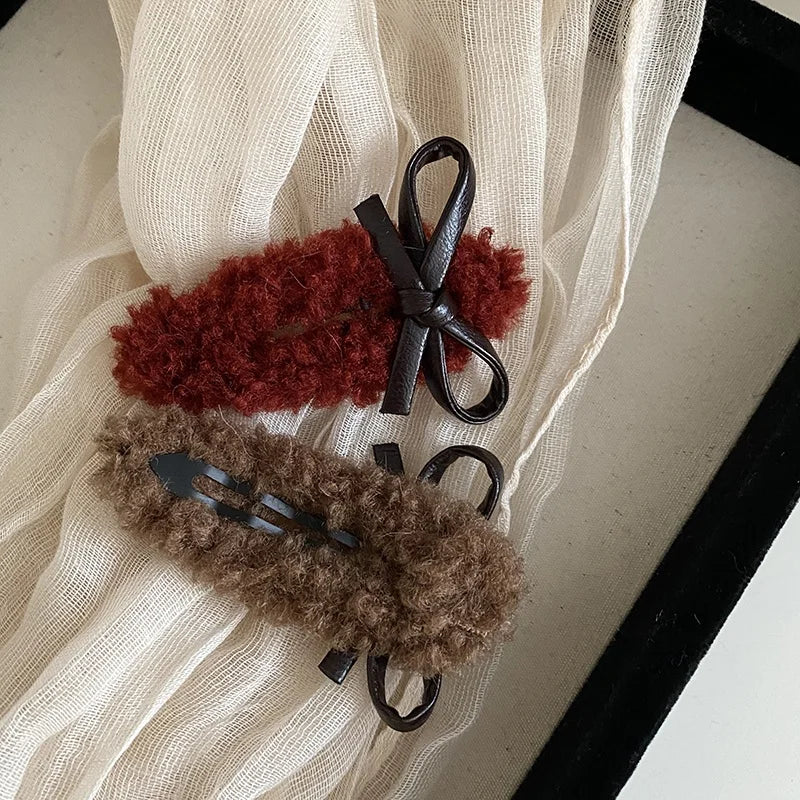 Fashion Bowknot Solid Color Fluffy Hair Clips for Girls Sweet Trendy Snap Clips for Women Ladies Hair Accessories in Stock