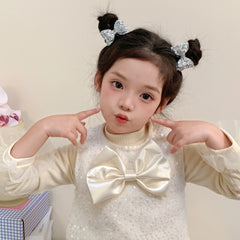 Girls Elegant Lightweight Solid Silver Glitter Bowknot Hair Ties Small Fashion Accessories for Children Sweet Style