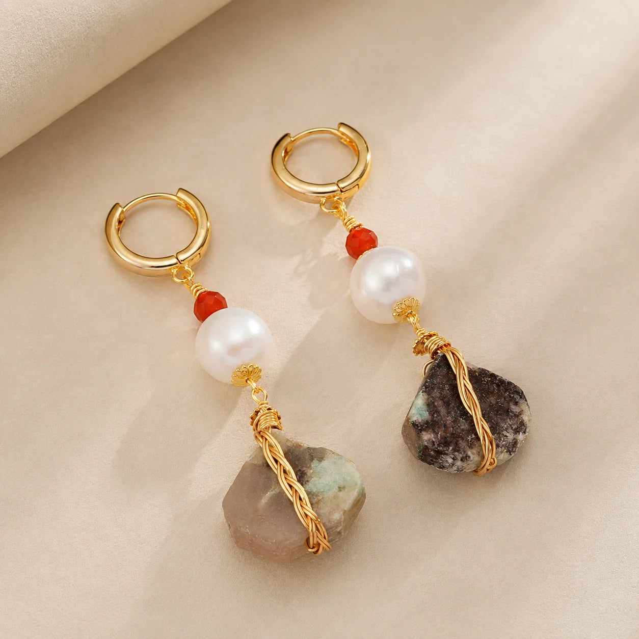 Women Red Agate Baroque Pearl Diamond Shaped Cut Orchid Bead Hoop Earring Fashion Charms in Stock Jewelry for Female Daily Use