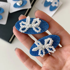 Minimalistic Flower Bowknot Hair Clip Simple Denim Heart Shaped Hair Accessory for Girls Women Alloy Fabric Material for Parties