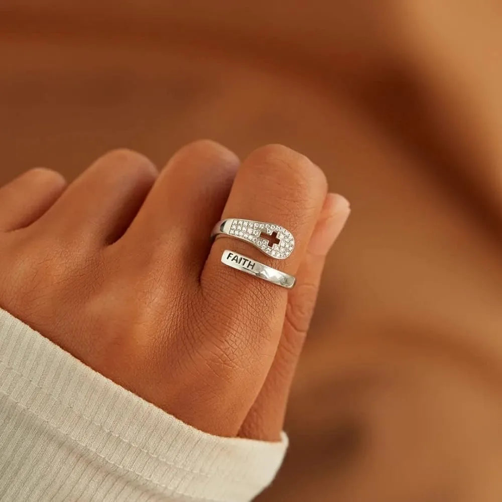 New Niche Faith Cross Hollowed-out Rings for Women European and American Fashion Design Customizable Ring Jewelry Accessory Bulk