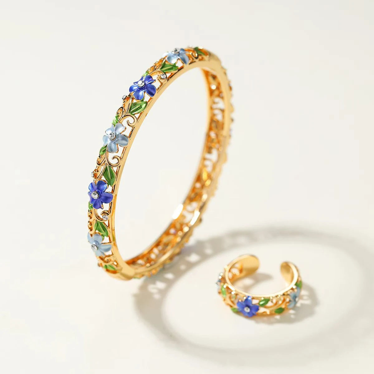 Fashion Vintage Charms Elegant Bangles Charms Rings for Girls Dainty Flowers Graceful Jewelry Sets for Women Ladies Accessories