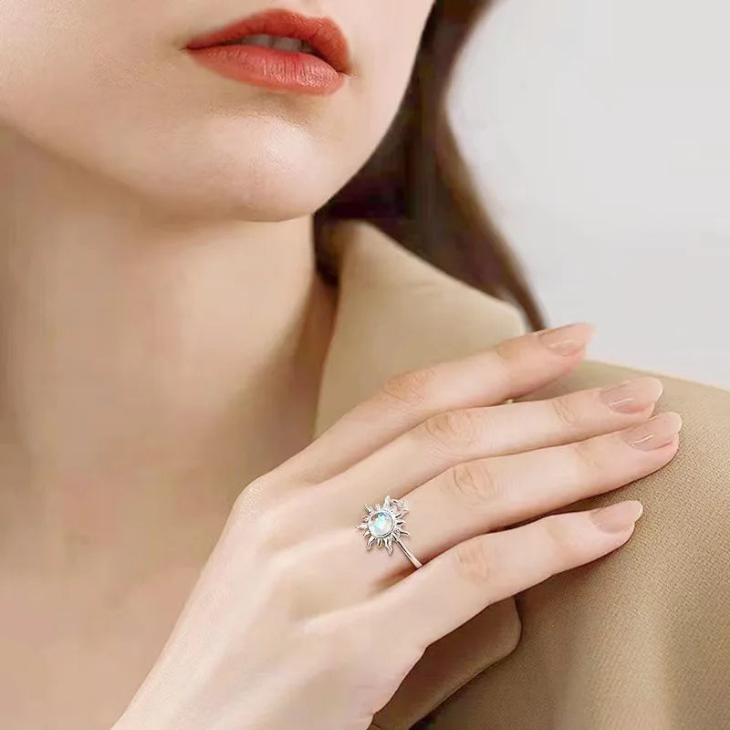 Rotatable Sunflower Moonstone Rings Women's Simple Versatile Design Adjustable Rings Romantic Trendy Jewelry Accessory Wholesale