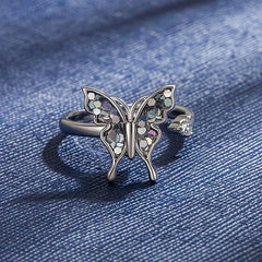 Silver Butterfly Open Ring Women's Adjustable Inlaid Crystal Fashion Jewelry Elegant Cute Stress-relief Ring Gift Idea Wholesale