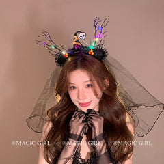 Halloween Black Branch Rose Veil Headband for Women Funny Skeleton Ghost Bride Mesh Hair Band Glow in the Dark Hair Accessories
