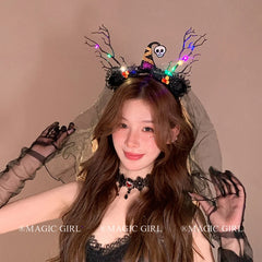 Halloween Black Branch Rose Veil Headband for Women Funny Skeleton Ghost Bride Mesh Hair Band Glow in the Dark Hair Accessories