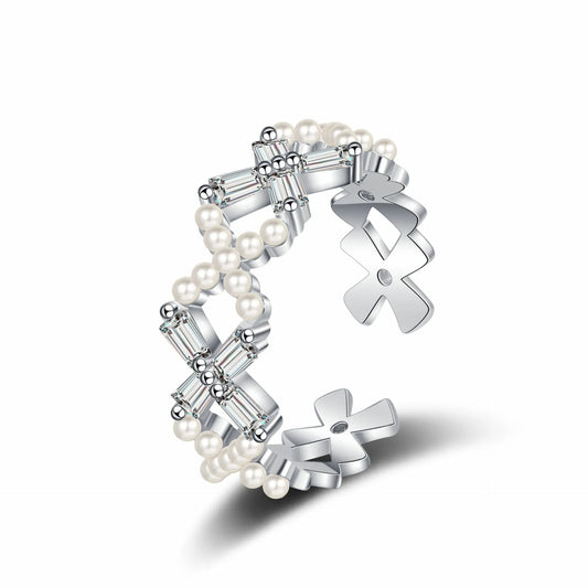 Fashion Imitation Pearl Open Rings Women's Simple Geometric Cross Design Adjustable Ring Elegant Fashion Jewelry Gift Wholesale