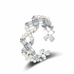 Fashion Imitation Pearl Open Rings Women's Simple Geometric Cross Design Adjustable Ring Elegant Fashion Jewelry Gift Wholesale