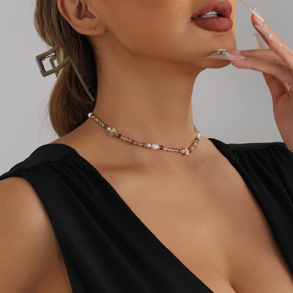 Fashion Colorful Beads Heart Shaped Sweet Cute Necklaces for Girls Trendy Art Deco Jewelry for Women Ladies Accessories Chic