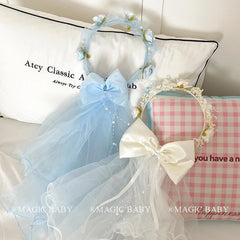 Cute Sweet Flower Tulle Bowknot Headband Glitter Imitation Pearl Hair Band Accessory for Baby Girls and Kids