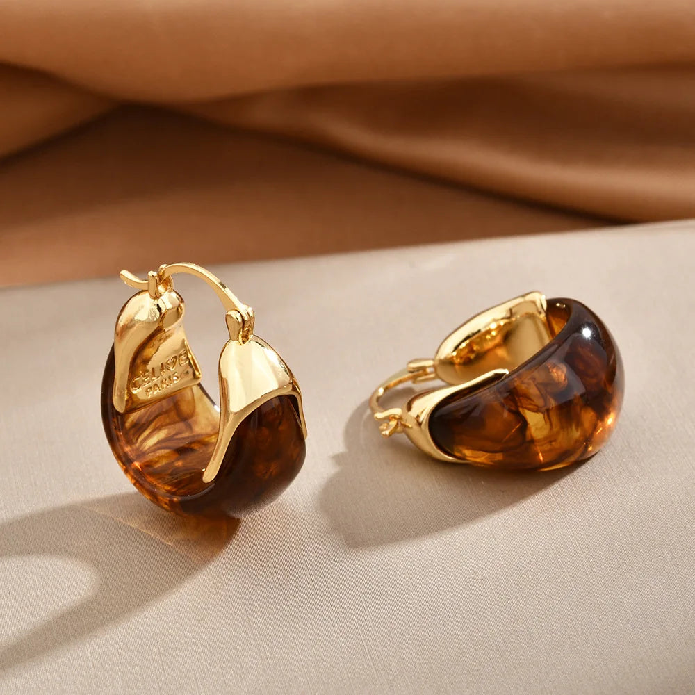 Resin U-shaped Earrings Women Vintage Simple Fashion Hoop Earrings Luxury High-end Elegant Earrings Maillard Style Autumn Winter
