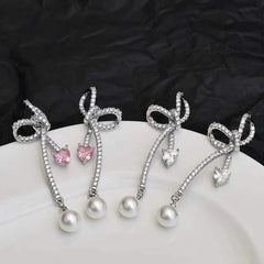 Sweet Fashion Bowknot Rhinestone Drop Earrings for Girls Imitation Pearl Simple Jewelry for Women Ladies Accessories Wholesale