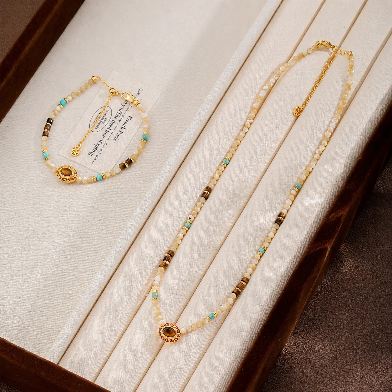 Fashion Shell Tiger Eye Stone Blue Turquoise Copper Jewelry Sets for Girls Vintage Necklaces Bracelets for Women Lady Wholesale