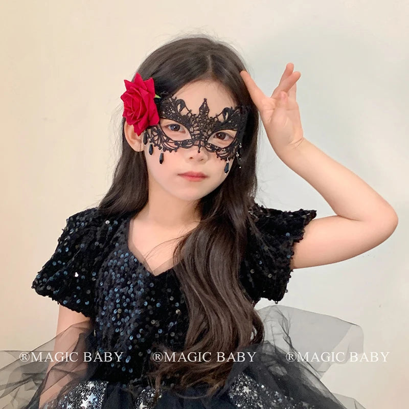 Halloween Mask for Kids Rose Spooky Elegant Children Face Mask Costume Party Accessory Trick or Treat Gift Vampire Gothic Theme