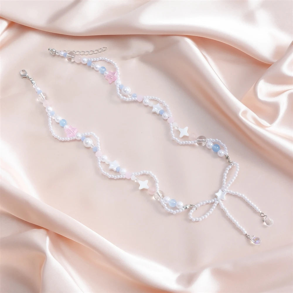 Fashion Sweet Bowknot Beads Princess Style Kawaii Necklaces for Girls Trendy Elegant Jewelry for Women Ladies Accessories