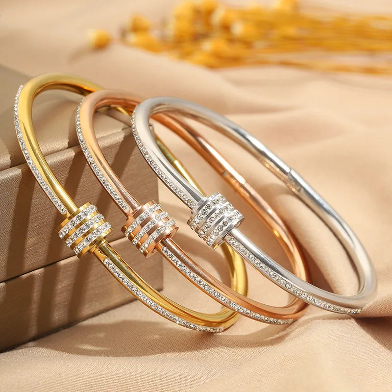 Female Open Cuff Bangle Cubic Zirconia Minimalist Bracelets Light Luxury Elegant Fashion Jewelry Women's Accessories Gift Bulk