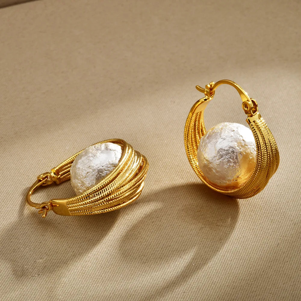 Female Unique Trendy Earrings Retro Hemp Pattern Earclips High-end Beads and Imitation Pearl Elegant Fashion Earrings Jewelry