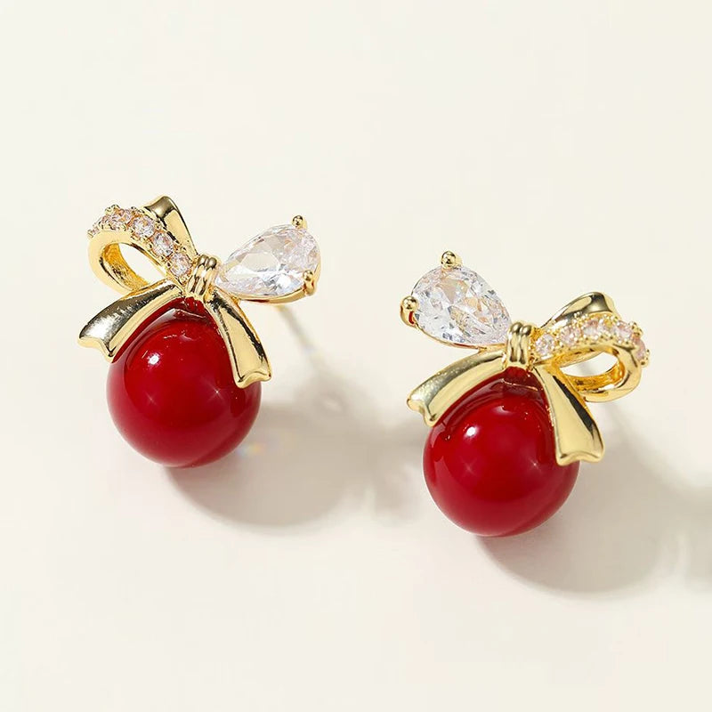 Fashion Red Solid Color Bowknot Luxury Glitter Stud Earrings for Girls Sweet Jewelry for Women Ladies Accessories Wholesale