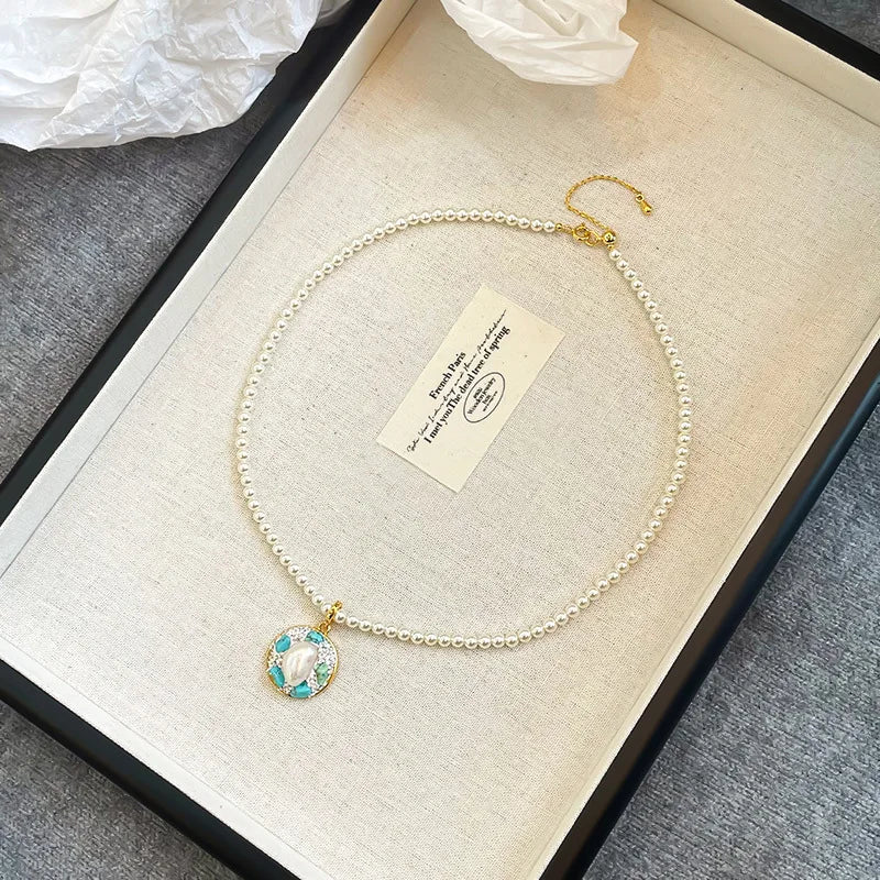 Female Freshwater Pearl Drip Glaze Hand-Painted Natural Stone Zircon Blue Necklace Factory Price in Stock Elegant Jewelry Causal