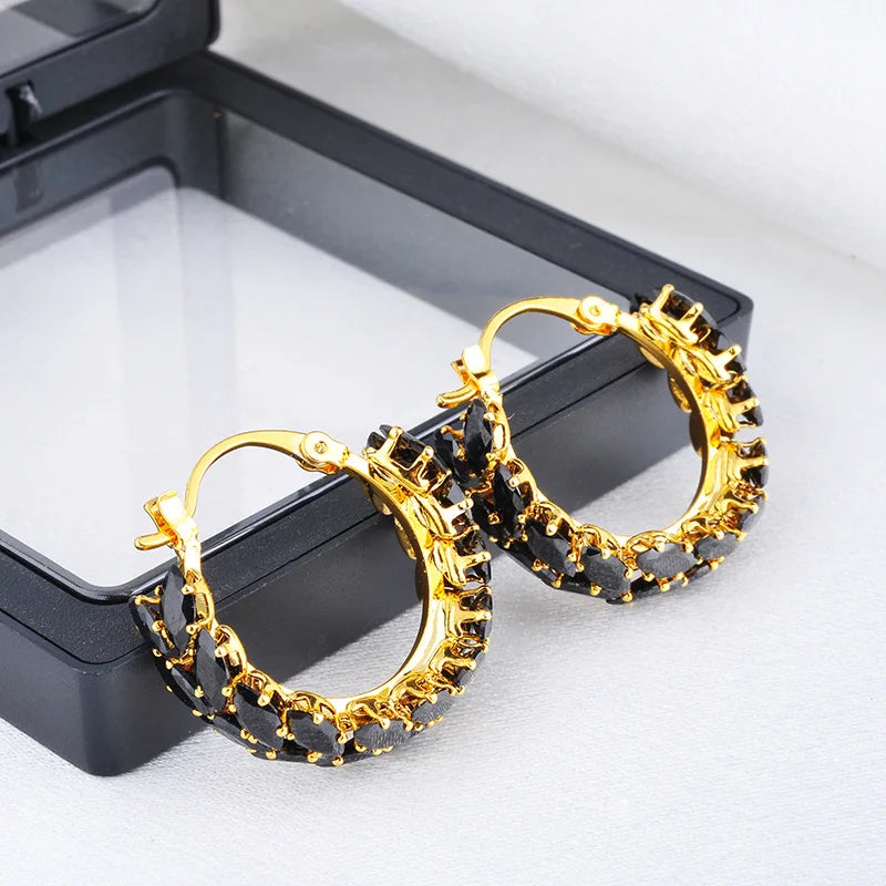 Elegant Gold Plated Black Marquise Cubic Zirconia Hoop Earrings for Women Sparkling Crystal Huggie Jewelry Party Wedding Bulk