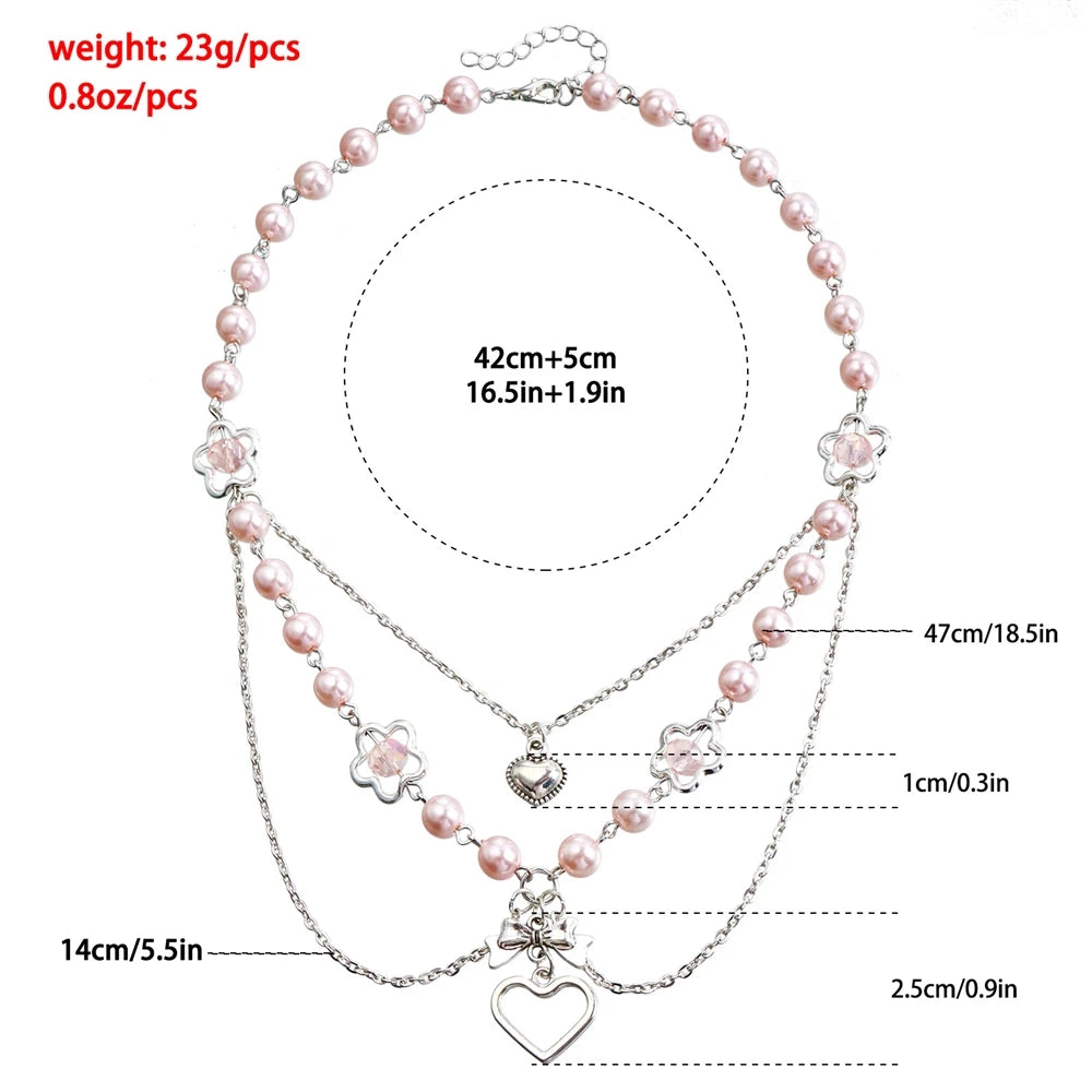 Fashion Sweet Princess Style Imitation Pearl Heart Shaped Necklaces Layered Wearing Jewelry for Women Ladies Accessories Daily