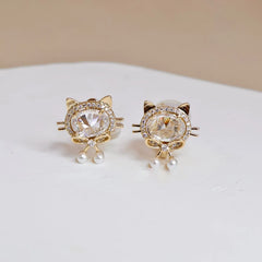 Ladies Cat Shape Imitation Pearl Small Clip-on Earring Sparking Glitter Fashion Cute Wholesale High Quality Jewelry Accessories